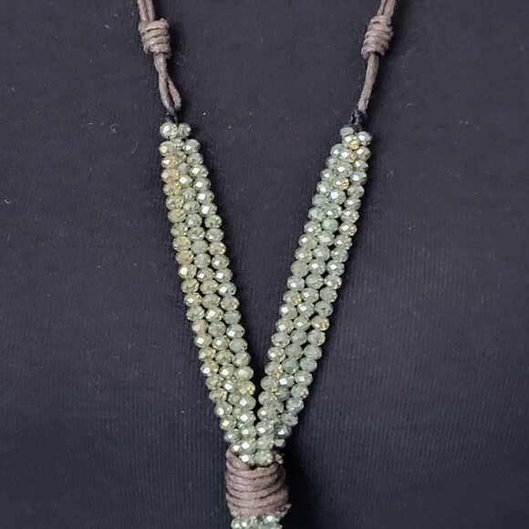 Boho Drop Tassel Necklace Cord & Crystal Bead Green AB Crystals - Picture 3 of 12